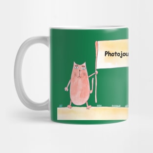 Photojournalist. Profession, work, job. Cat shows a banner with the inscription. Watercolor illustration. A gift for a professional. Mug